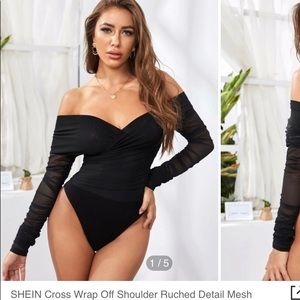 Cross wrap off shoulder ruched bodysuit mesh